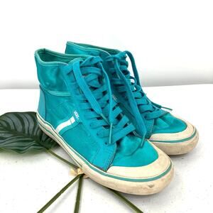Vans Wellesley Teal Blue White Satin Lace Up High Top Sneakers Tennis Shoes